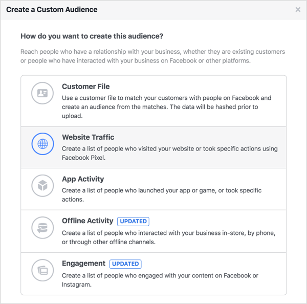 Create a Facebook custom audience based on your website traffic.