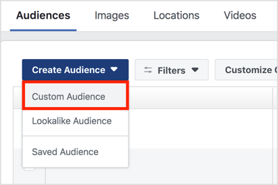 Click Create Audience and select Custom Audience from the drop-down menu.