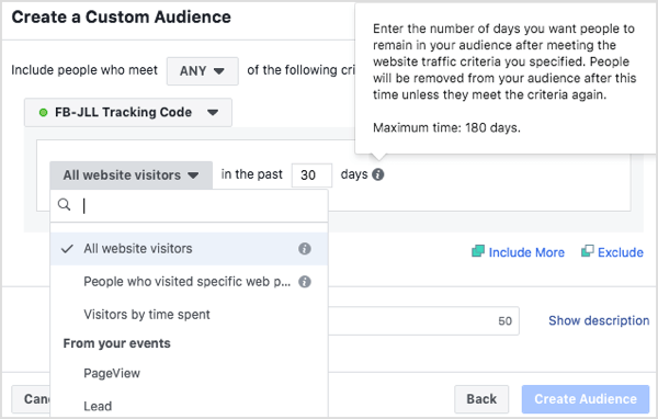 Create custom audiences of people who have visited your website in the last 30 days, 60 days, 90 days, and 180 days. 