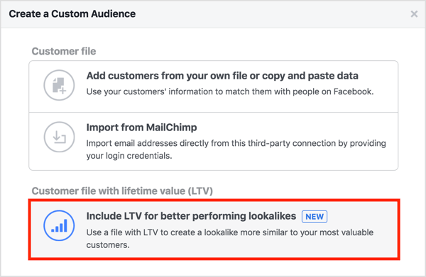 Wählen Sie die Option LTV für bessere Leistung einschließen, wenn Sie eine benutzerdefinierte Zielgruppe aus Ihrer Kundenliste erstellen. 