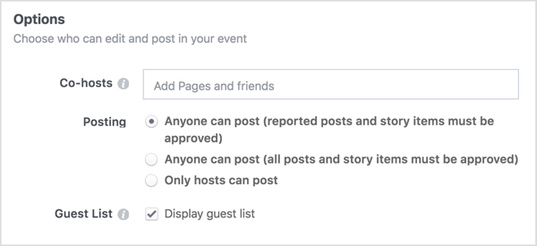 Enter the names of the business pages or friends you'll share your Facebook event with.