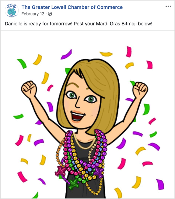 To build anticipation for your Facebook event, ask participants to respond to an event post with their bitmoji.