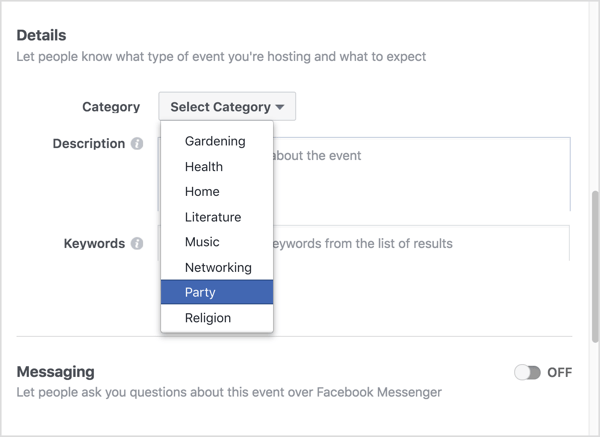 Choose the category that best describes your virtual Facebook event.