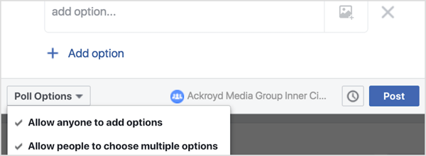 From the Poll Options drop-down menu, you can indicate whether you'd like members to be able to add options to the poll and select more than one option.