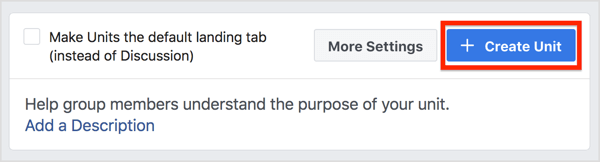 Open the Units tab for your Facebook group and click Create Unit.