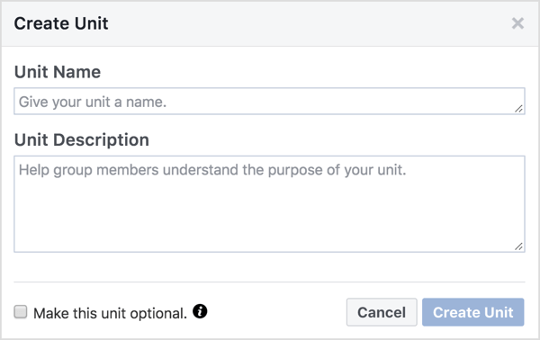 Give the Facebook group unit a name and description. 