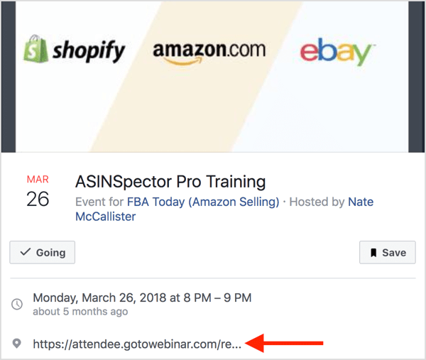 When you create the Facebook event, set the location as the landing page where people can register.