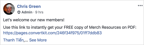 This Facebook group post welcomes the new members and reminds them to download a free PDF.