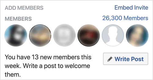 Click Write Post to welcome new Facebook group members.