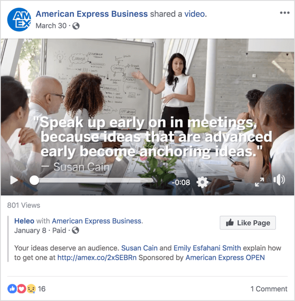 This Facebook ad for American Express Business features Susan Cain, a well-known leadership and management expert who achieved fame with a recent TED Talk.