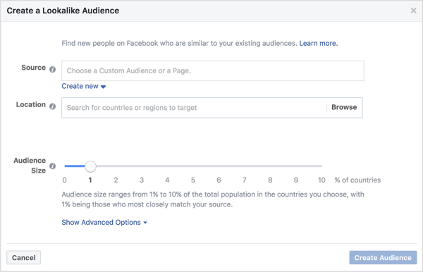 In the Create a Lookalike Audience window, select your website custom audience, a location, and an audience size. 