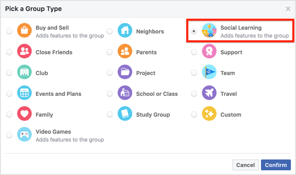 To set your group to Social Learning, click More under the group cover and select Edit Group Settings.