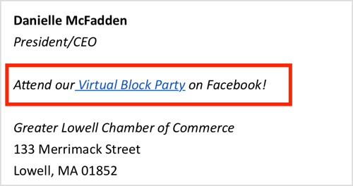 Promote your virtual Facebook event in your email signature.