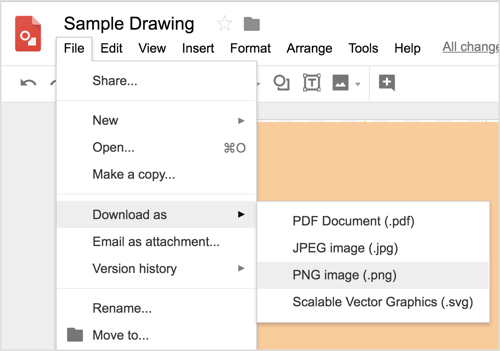 Choose File > Download As > PNG Image (.png) to download your Google Drawings design.