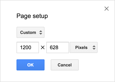 In this example, the Google Drawings area is sized 1200 x 628 pixels for a single-image Facebook news feed ad.