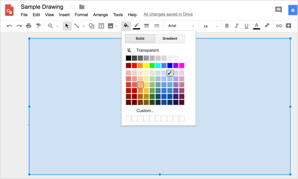 To apply a custom color to your shape, click the Fill Color tool and select Custom.