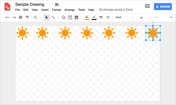 As you try to align your shape in a row in Google Drawings, helpful reference lines appear as you click and drag the copies.