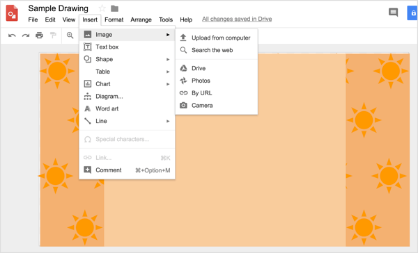 To insert an image in Google Drawings, use the Insert menu and navigate to the image you want to use.