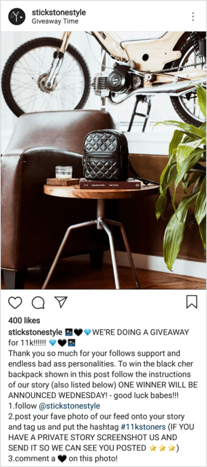 In this Instagram contest example, the prize is a leather backpack, which is a relatively expensive prize and worth the effort to craft a post to win.