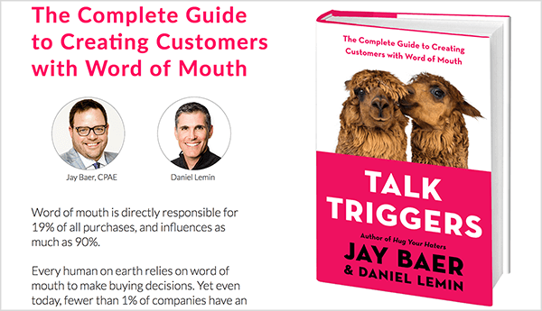 This is a screenshot of the Talk Triggers website. On the left is text about the book and photos of Jay Baer and Daniel Lemin. On the right is book cover for Talk Triggers.