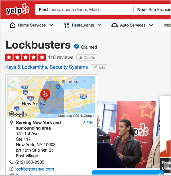 This is a screenshot of the Lockbusters high rating on Yelp. Jay Baer says the free security audit is an example of a relevant talk trigger.