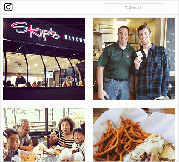This is a screenshot of Instagram photos tagged #skipsdiner. One shows the exterior of the restaurant, one shows a man holding a card as if he’s won the Joker game, one shows a family eating at a table, and one shows the food someone ordered. Jay Baer says the Joker game is an example of a talk trigger.