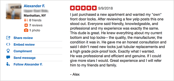 This is a screenshot of an enthusiastic and positive review of Lockbusters NYC on Yelp. Jay Baer says the company’s quality service is an example of a talk trigger.