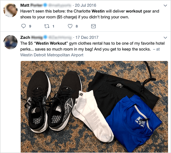 This a screenshot of tweets about the Westin workout clothing rental program. Jay Baer says the rental program is an example of a talk trigger.