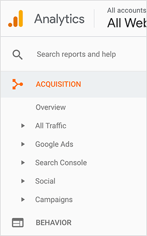 This is a screenshot of the Google Analytics sidebar. The logo appears in the upper left. It’s an orange dot next to a orange bar and then a taller yellow bar, suggesting a bar graph. From top to bottom in the sidebar are the following options: a box labeled “Search reports and help”, Acquisition (which appears in orange), and its suboptions. The suboptions are Overview, All Traffic, Google Ads, Search Console, Social, and Campaigns. A small triangle appears next to each suboption, suggesting you can see additional options by clicking the triangle. The last main-level option shown is Behavior. Jennifer Priest uses Google Analytics to see which pins send her the most traffic and evaluate what hashtags, images, and boards are working well for her website traffic.