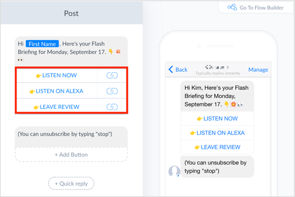 Compose a message in ManyChat and add buttons.