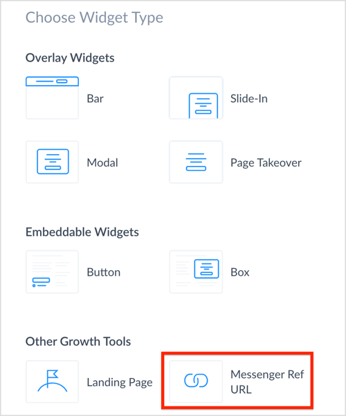 Select the Messenger Ref URL growth tool in ManyChat.