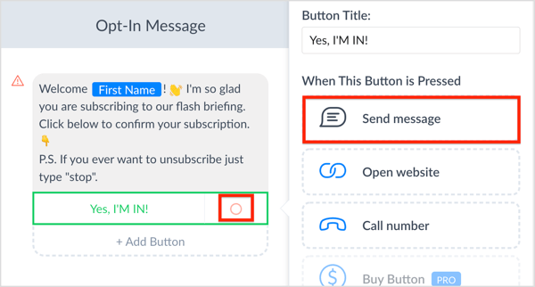 Click the option button next to your call-to-action button and click Send Message.