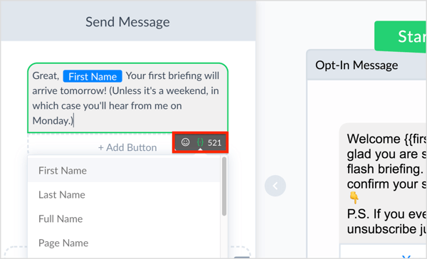 Oersonalize your message by clicking the curly brackets icon and adding emojis.