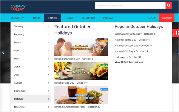 National Day Calendar is a great resource for national events by month.