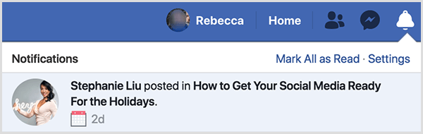 This is a screenshot of a Facebook event notification from Stephanie Liu. The notification says “Stephanie Liu posted in How to Get Your Social Media Ready for the Holidays.”