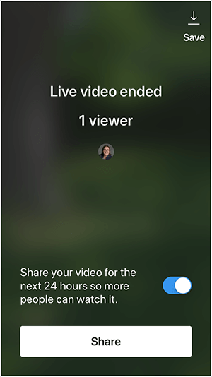 This is a screenshot of the Instagram Live video screen that appears after you end a live video. The screen has a dark, blurred background that reflects the imagery of the live video. In the upper right is a Save option with a white down arrow above a thin white line. In the upper third is the text “Live video ended 1 viewer”. The profile photo of the viewer appears in a small circle. In the lower third is the text “Share you video for the next 24 hours so more people can watch it.” Beside this text is a blue and white toggle option. At the very bottom is a white button labeled “Share”. Todd Bergin says he sometimes sees the option to save an Instagram Live video but not when he invites a guest to join his live broadcast.