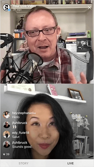 This is a screenshot of an Instagram Live video with Todd Bergin and Stephanie Liu. The top frame shows Todd from the chest up. He’s a white man with brown hair wearing a maroon and gray plaid shirt and glasses with black frames. He’s using white headphones and talking into a professional microphone. The background is a bookcase in a home studio. The bottom frame shows Stephanie from the chin up. She’s an Asian woman with long black hair worn down, and she’s wearing makeup. The background is a gray wall with a white picture-frame ledge, and a lower shelf has a vase of white flowers. In the bottom left, live video viewers’ comments greet the hosts and other viewers.