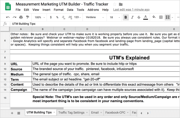 On the first tab, UTM Building Tips, you'll find a recap of the UTM information discussed earlier.