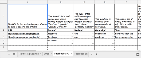 Open the Facebook-CPC tab of the UTM Builder spreadsheet.