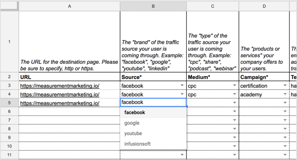 Select the social media traffic source (Facebook, in this case) from the drop-down list.