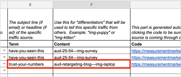 Add your term and content information in the UTM Builder.