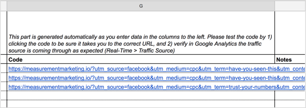 The UTM Builder spreadsheet will automatically generate the URL for you in the Code column.