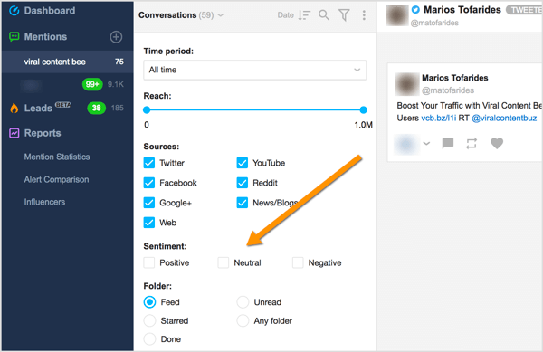 Filter brand mentions for negative, positive, and neutral sentiment in Awario.