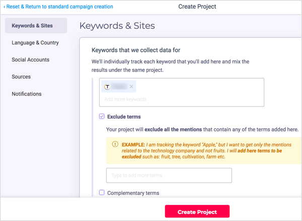 Use BrandMention's advanced settings to set up your domain, sources, and language and designate terms to exclude from your dashboard.