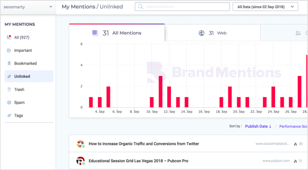 The Unlinked tag in BrandMentions narrows the list to mentions that don't refer to your domain.