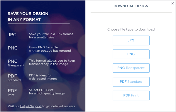 Select a file type (JPG, PNG, or PDF) in Crello.