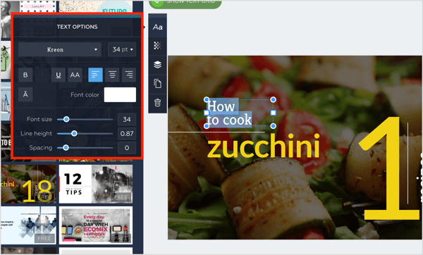 Choose a font, line height, and spacing in the Text Options box in Crello.