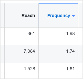Facebook ads results for frequency and reach.