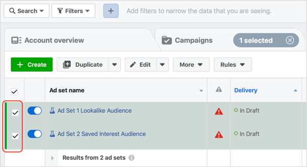 Ensure that both of your Facebook ad sets are selected.