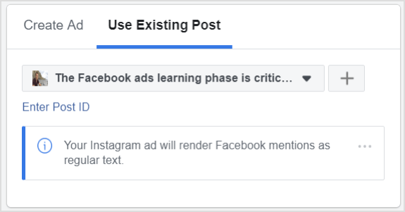 Click Use Existing Post instead of Create Ad.